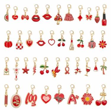 Imagem de Julie Wang 30 peças de pingentes esmaltados vermelhos de liga com fechos de lagosta, pingentes sortidos de corações de flores de frutas para embrulho de presente, puxadores de zíper, chaveiros