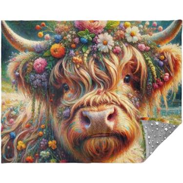 Imagem de Cobertor de vaca floral Highland personalizado macio para sofá, cobertores quentes e quentes para inverno cobertor solteiro cinza 178 x 139 cm