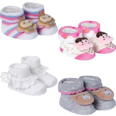 Imagem de Kit 4 Meias Pantufa Sapatinho Bebê Recém Nascido Menina Saída Maternid