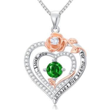 Imagem de WYDDO Colares de coração rosa para mulheres, mãe, pedra do mês de nascimento, pingente, aniversário, Natal, Dia dos Namorados, joias presentes para sua esposa, filha, mãe, One Size, Base, Pedra do mês