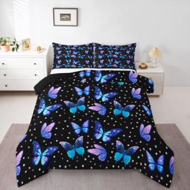 Imagem de Erosebridal Conjunto de edredom com estampa de estrelas, estampa de estrelas, estampa de estrelas, solteiro, azul, roxo, borboletas, coquete, elegante, para quarto de meninas
