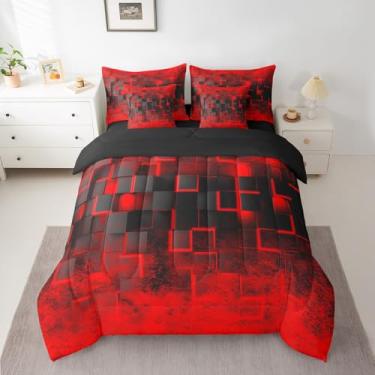 Imagem de Feelyou Conjunto de edredom vermelho e preto com 7 peças, tamanho king, geométrico, colmeia, geométrico, ombré, arte abstrata, edredom e edredom