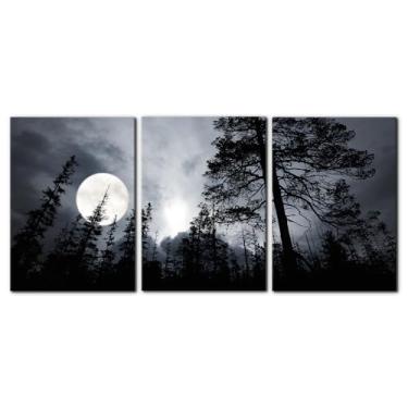 Imagem de Pacimo 3 peças de decoração de parede emoldurada floresta escura pintura de paisagem impressa em tela lua cheia arte moderna para decoração de escritório em casa galeria embrulhada pronta para