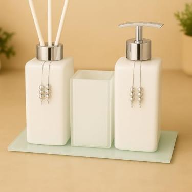 Imagem de Kit Lavabo Luxo Sabonete Líquido C/Porta Escovas e Aromatizante De Ambiente C/Bandeja(Branco Total C/Prata)