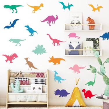 Imagem de Decalques de parede de dinossauro com 84 peças – 12 folhas à prova d'água adesivos de vinil removíveis de dinossauro, decoração de parede com silhueta colorida para quarto de crianças, berçário, sala
