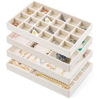 Imagem de Bandeja organizadora de joias conjunto de 4 bandejas empilháveis de veludo para joias, inserções de gaveta, estojo organizador para mulheres, bandeja de exibição de joias para brincos, anéis, colares