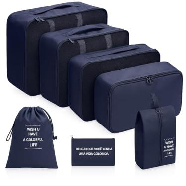 Imagem de Kit Organizador de Mala 7 peças Viagem com Tela Transparente Zíper Resistente Sacos Necessaire Dobrável Compacto Leve (Preto)