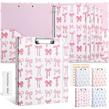 Imagem de Colarr Fichário de 3 anéis de 2,5 cm com 2 bolsos para prancheta de laço e nó de fita, organizador para cartas, tamanho 21,6 x 28 cm, 5 divisórias de índice de PVC com abas, 18 adesivos de etiqueta