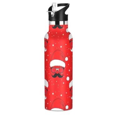 Imagem de Garrafa de água com estampa de chapéus de Papai Noel vermelhos caprichosos com tampa de palha, garrafas de água isoladas de aço inoxidável para adolescentes e meninos, 590 ml, copos infantis de parede