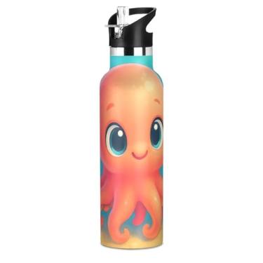 Imagem de Joisal Garrafa de água isolada de aço inoxidável de 590 ml com tampa de canudo para bebidas frias ou quentes, polvo fofo azul rosa parede dupla vácuo livre de BPA copos de viagem para crianças