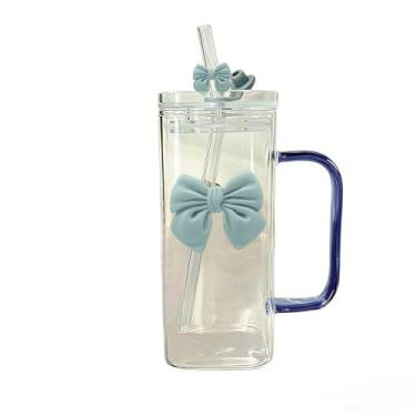 Imagem de Copo de vidro quadrado com tampas e canudos, copo de vidro resistente ao calor com alça e laço transparente para água, suco, café gelado, leite, chá