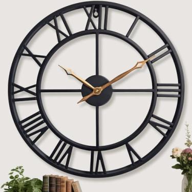 Imagem de BBALOVEDRE Relógio de parede grande, grande, redondo, silencioso, vintage, industrial, preto, casa de fazenda, grande, numerais romanos, relógios de parede