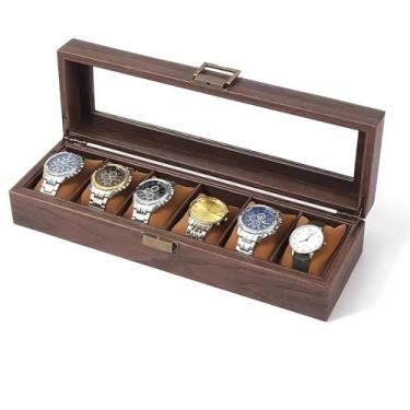 Imagem de Brcshop | Porta-Relógio de Madeira com 6 Nichos Estilo Retrô, Caixa Organizadora para Relógios com Visor de Vidro e Almofadas Macias