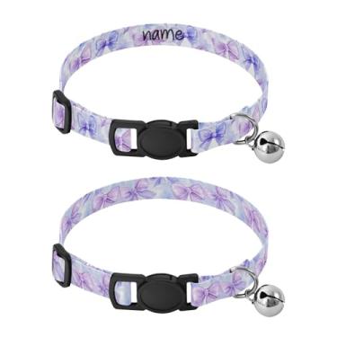 Imagem de SEHANY Conjunto de 2 coleiras de cachorro com laço roxo fofo, fivela de plástico resistente, leve, macia, com sino pequeno, coleiras personalizadas com nome de animal de estimação para meninos e