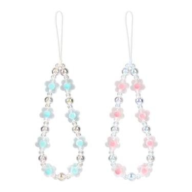 Imagem de 2 peças de pulseira de telefone com contas de flores, antifurto, mãos livres, pingente de telefone de cristal, pulseira, corrente de pulso, acessórios de câmera para mulheres, chaveiro pingente (azul