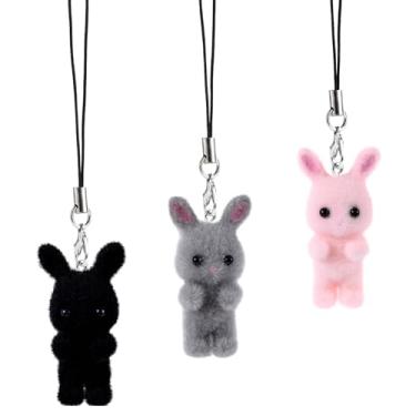 Imagem de Pingentes de telefone fofos, berloques de telefone kawaii gatinho gato coelho cordão acessórios estéticos para bolsa mochila chaveiro câmera (estilo 3, preto rosa cinza)