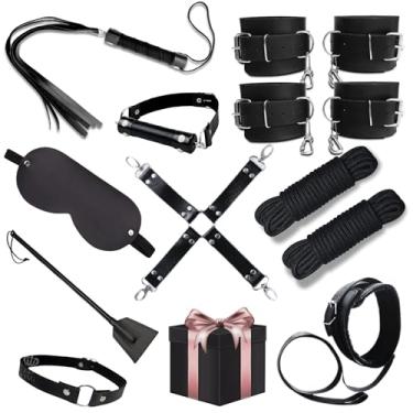 Imagem de Kit BDSM 12 Peças em Couro Sintético, Preto, Bondage Fetiche com Chicote, Mordaça, Algemas, Coleira, Chibata, Cordas Shibari, Venda (Preto, Unico)
