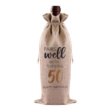 Imagem de Sudaporn Bolsa de presente de aniversário para aniversário de 50 anos, capa de garrafa de vinho para ele, para ela, aniversário de cinquenta anos, sacolas de presente de vinho para licor de champanhe