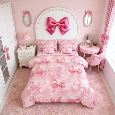 Imagem de Erosebridal Conjunto de cama de princesa com laço rosa, 7 peças, com lençóis, gravata borboleta, cama em uma bolsa, para decoração de quarto de meninas