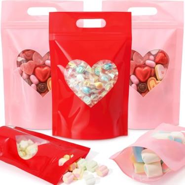Imagem de Tenceur 48 unidades de sacos de presente de dia dos namorados com janelas em forma de coração, saco de biscoito de doces resselável com alças para lembrancinhas de festa de casamento do dia dos