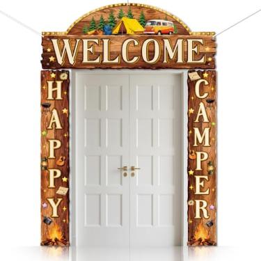 Imagem de CUTHOLLOW 3 peças de decoração de barracas de acampamento, faixa de sinalização de varanda, estampa de campista feliz, decorações de festa, banner de porta de boas-vindas para acampamento, cenário de