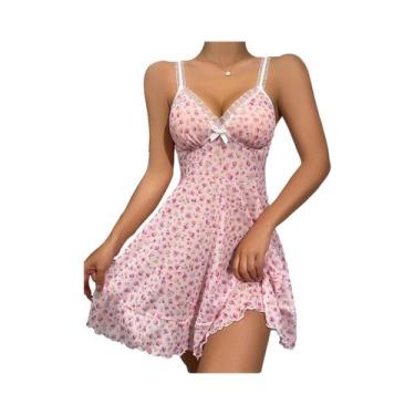 Imagem de Camisola De Verão Feminina Rosa Com Renda Floral E Decote Em V - NONE,