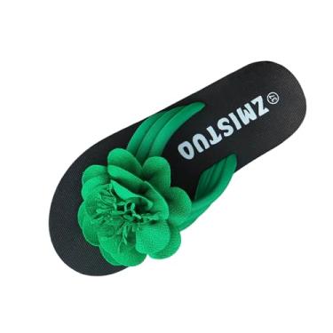Imagem de Sandálias femininas de praia de sola grossa com decorações florais casuais plus size modernas em chinelos primavera verão pano, Verde militar, 36