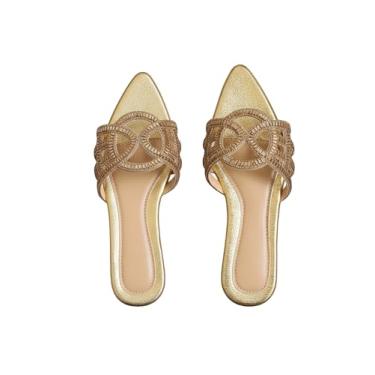 Imagem de BEAUDRM Sandálias rasteiras femininas brilhantes de strass pontiagudo, bico aberto, recortadas, elegantes, para festas de formatura, Dourado, 36