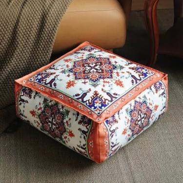 Imagem de Artbloss Capa para pufe não recheada com apoio para os pés otomano boêmio de chenille saco de feijão de chão 50 x 50 x 20 cm para sala de estar, quarto, decoração de casa (laranja, quadrado)