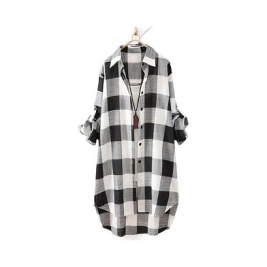 Imagem de Blusa Feminina plus Size Vintage Listrada Xadrez De Manga Longa Leve P