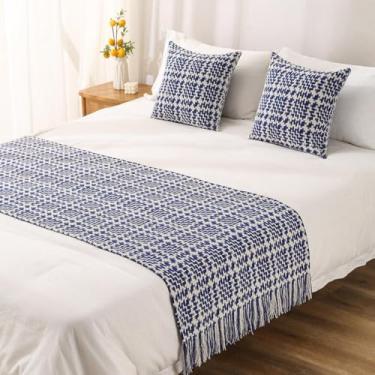 Imagem de Capa protetora de lenço de corredor de cama, toalha de cama elegante, borlas, toque texturizado macio, lavável na máquina, para hotel pousadas residenciais - azul ||65 * 240 cm para cama de 1,8 m