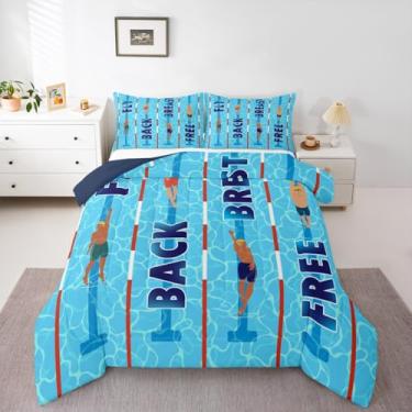 Imagem de Homewish Conjunto de edredom de natação, tamanho solteiro, azul 3D, 2 peças, edredom acolchoado para decoração de quarto de crianças, meninas e adolescentes, edredom de plumas para amantes de esportes