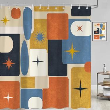 Imagem de Emwnodti Cortina de chuveiro moderna de meados do século, decoração de cortinas de banheiro geométricas abstratas, tecido impermeável minimalista retrô com ganchos 182 x 182 cm