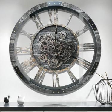 Imagem de AMAATE Relógio de parede Steampunk com engrenagens móveis, design industrial mecânico cinético, acabamento de ferro envelhecido retrô, arte dinâmica para decoração de sala de estar e bar, 81 cm