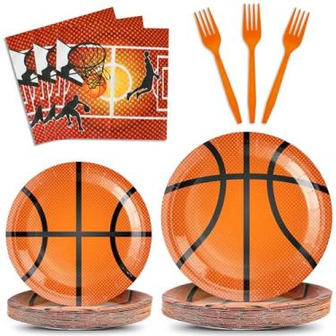 Imagem de HAOHIYO Kit de suprimentos de festa de basquete com 96 peças, inclui pratos de jantar, guardanapos, garfos para decorações de festa de aniversário de basquete