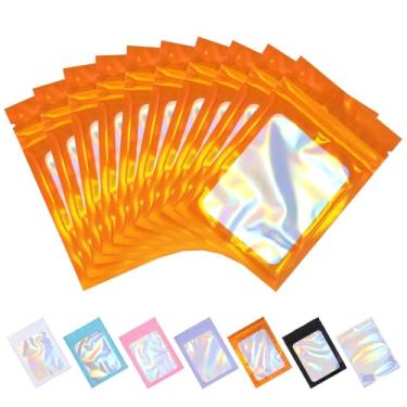 Imagem de Tiparts 100 unidades de sacos holográficos Mylar, 7,6 cm x 12 cm, sacos resseláveis laranja com janela frontal transparente para armazenamento de alimentos, joias, doces, embalagens para pequenas
