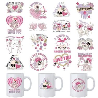 Imagem de Envelopes de copo DTF UV para Dia dos Namorados - 16 folhas de adesivos UV DTF para garrafa de água de vidro de 473 ml, decalque engraçado de transferência de caveira, faça você mesmo, caneca de café