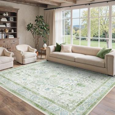 Imagem de BESBLEE Tapetes de área de 20 x 25 cm para sala de estar, laváveis na máquina, tapetes vintage antiderrapantes, estampa leve para quarto, sala de jantar, escritório em casa, verde creme