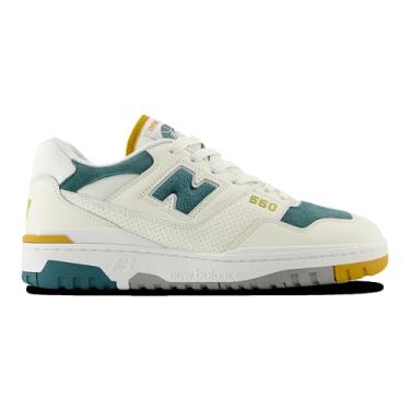 Imagem de New Balance Tênis infantil 574 V1 com cadarço, Branco/amarelo/azul-petróleo, 41
