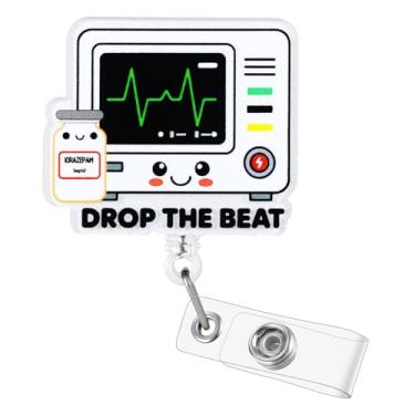 Imagem de Carretel de crachá de enfermeira para monitor cardíaco divertido Drop The Beat, bonito suporte de crachá de identificação retrátil para cirurgia de TC pediátrica, crachá de nome Buddy para ED EKG NICU