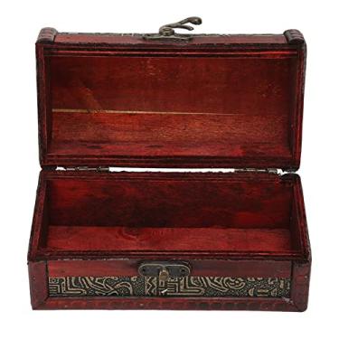 Imagem de Cryfokt Caixa de Lembrança de Estilo retrô de baú de Tesouro de Madeira Vintage para Armazenamento de Joias, Caixa de Bugigangas Vermelha Requintada Portátil 5,75 X 3,15 X 3,15 pol. para Decoração