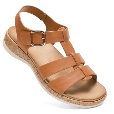 Imagem de Littleplum Sandálias femininas planas com suporte de arco e bico aberto, sandálias gladiadoras, confortáveis, para caminhada, verão, para praia, viagem, casual, elegante, Marrom, 34