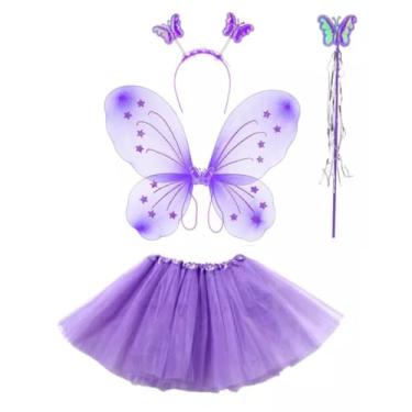 Imagem de Fantasia Borboleta Asa De Borboleta Fada com Tiara com Saia Volumosa De Tule com VarinhaDia das Crianças Infantil (Conj 4pç Infantil LILÁS)