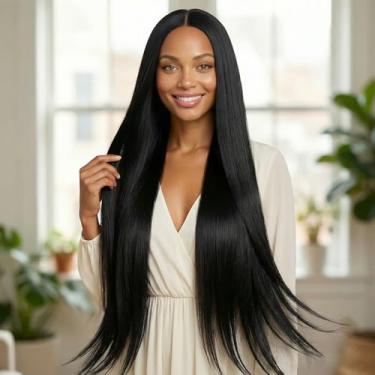 Imagem de Peruca frontal reta longa de 76 cm, cabelo humano, 33 x 40 peruca frontal de renda transparente sem cola, 76 cm, linha do cabelo natural pré-arrancada, preta