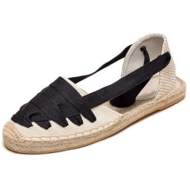 Imagem de U-lite Sandália feminina espadrille rasteira fechada no tornozelo, cadarço clássico verão elegante sapatos rasos, Faixa preta branca, 35