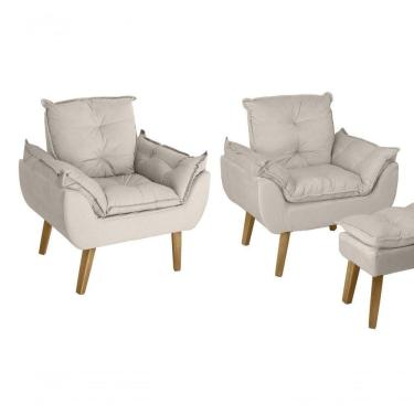 Imagem de Kit 02 Poltrona/cadeira Decorativa E Puff Glamour Com Pés Quadrado Bege