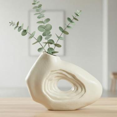 Imagem de Sunddo Vaso de rosquinha, vaso de cerâmica branca de 17 cm para decoração de casa moderna - Vaso decorativo pequeno estilo boho para flores, banheiro, mesa, mesa de cozinha, prateleira de centro de