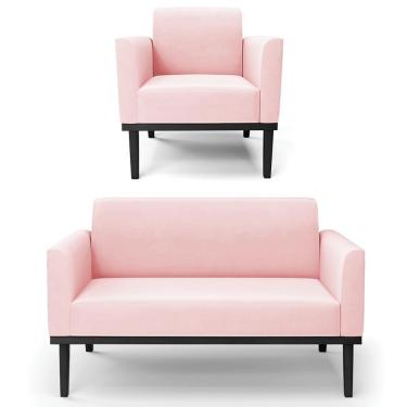 Imagem de Sofá Namoradeira E 1 Poltrona Base Madeira Preto Maressa Suede Rosa Bebê - Ibiza