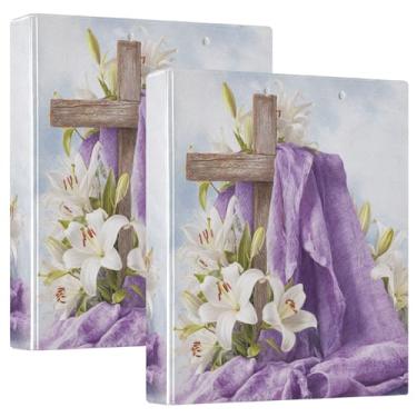 Imagem de Vuiyean Fichário de Páscoa cristão Holiday Cross & Lily com 3 anéis de 3 cm com prancheta e bolsos, pasta de arquivo grande resistente para material escolar de escritório - Comporta 200 folhas, 2