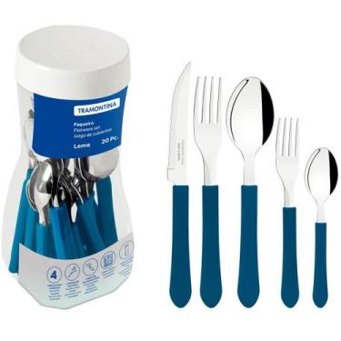 Imagem de Jogo de 20 Talheres no Pote Tramontina Faqueiro Leme Aço Inox Cabo Plá